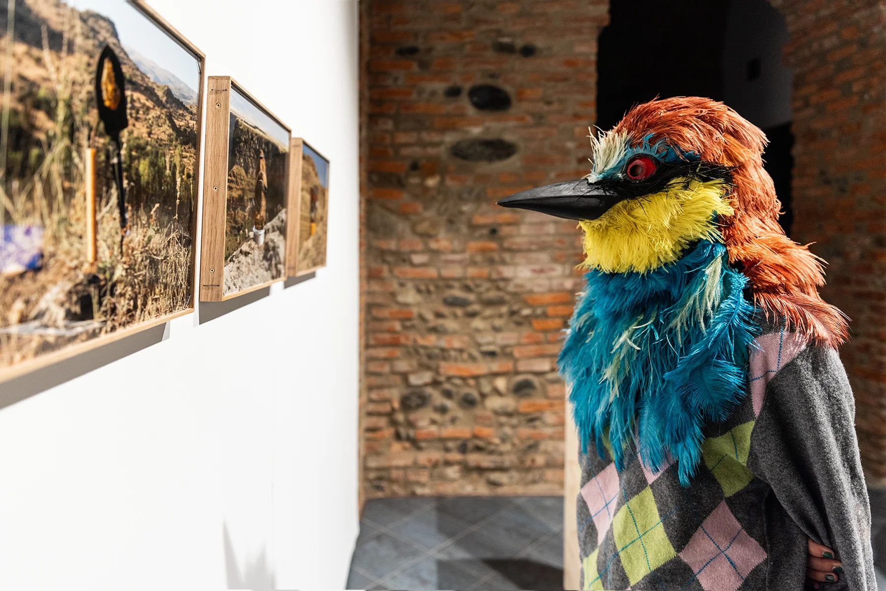 Performer con costume ispirato a un uccello durante una mostra a Torino