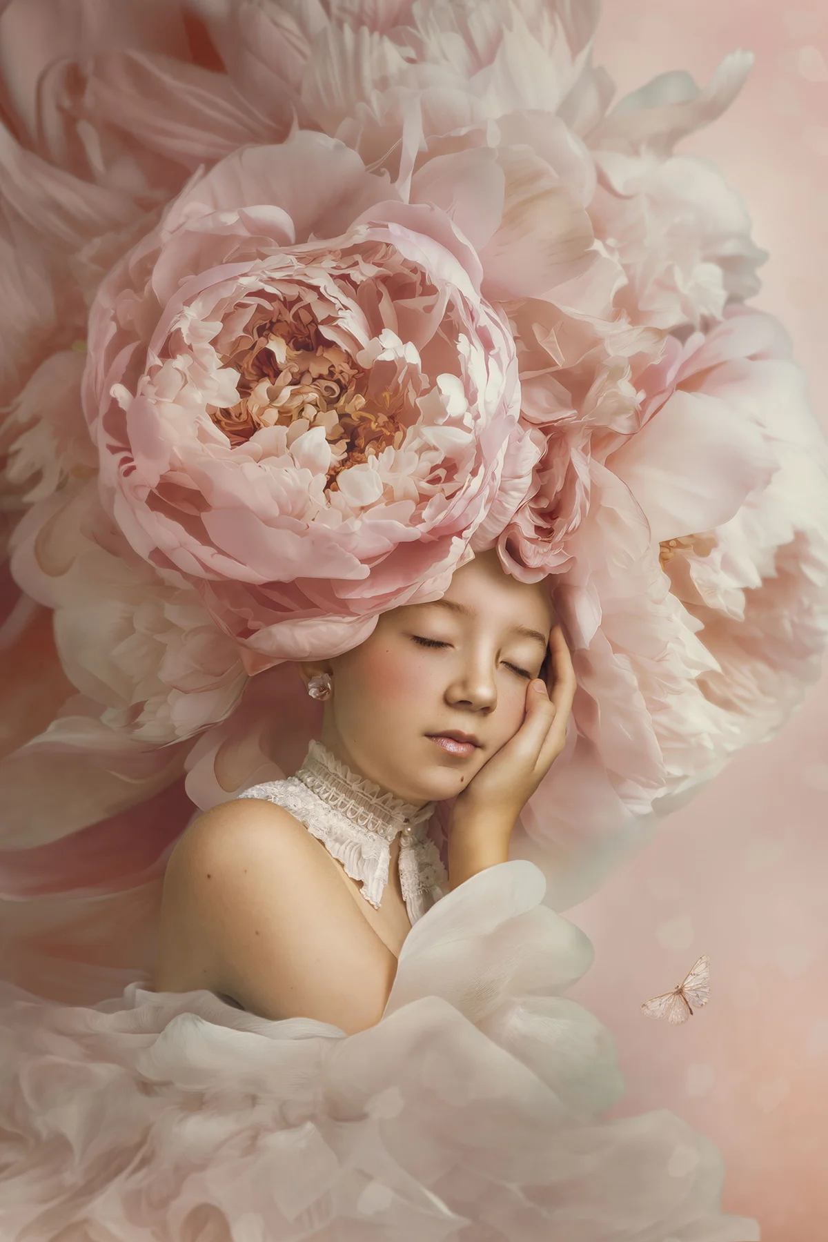 Ritratto Fine Art con fiore rosa Ritratto Fine Art di una bambina avvolta da grandi fiori rosa
