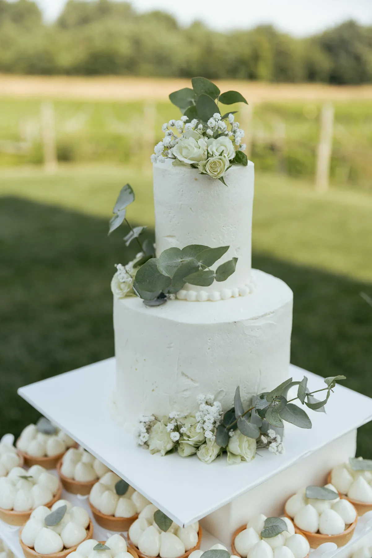 Torta del matrimonio Torta nuziale bianca con decorazioni floreali davanti ai vigneti